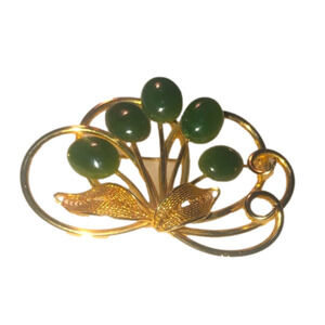 VTG Jade Jadeite Flower Filigree Gold Tone Costume Brooch Lapel Pin Approx 2”